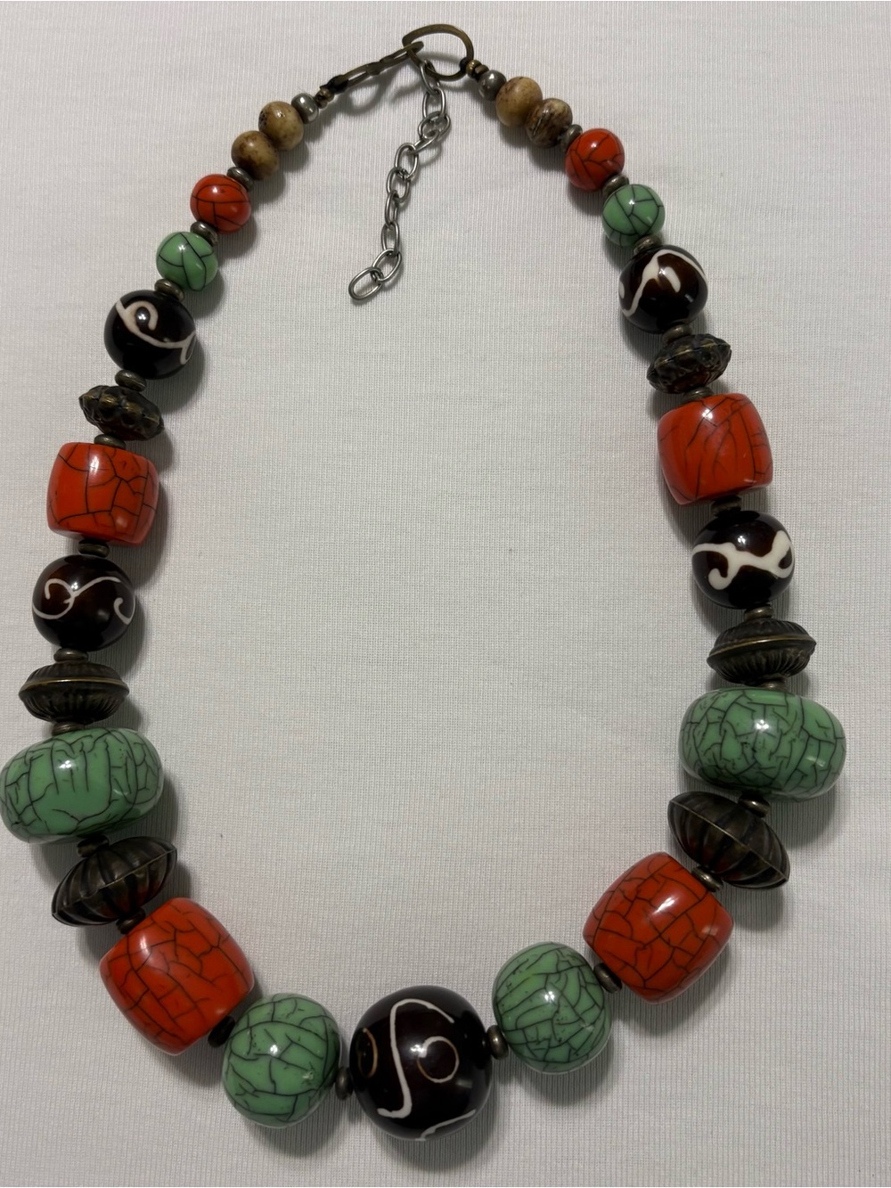 Chunky Statement Necklace 20” Green Red Black Beads Antiqued Metal Boho